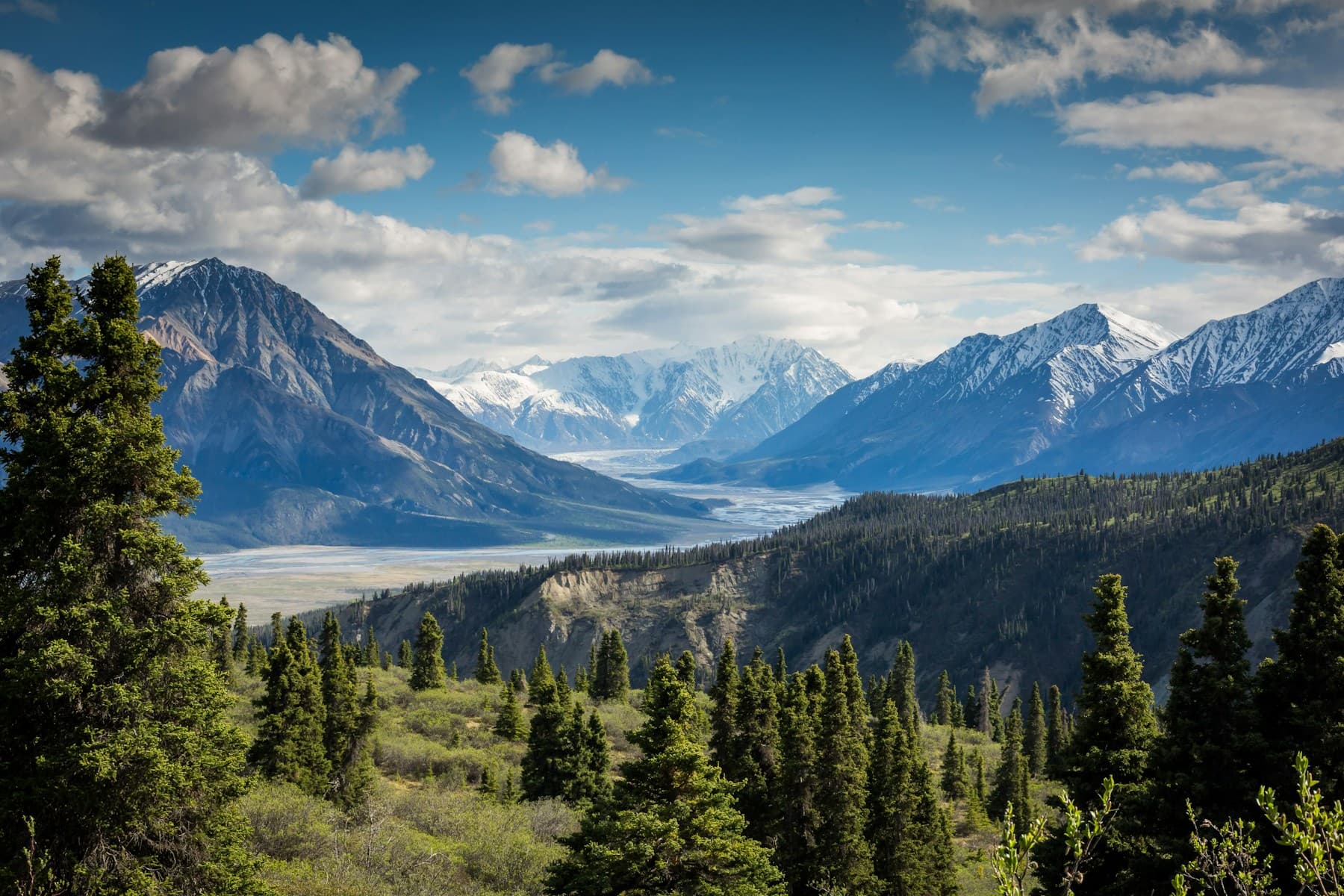 Snowy mountain peaks beyond a green alpine valley